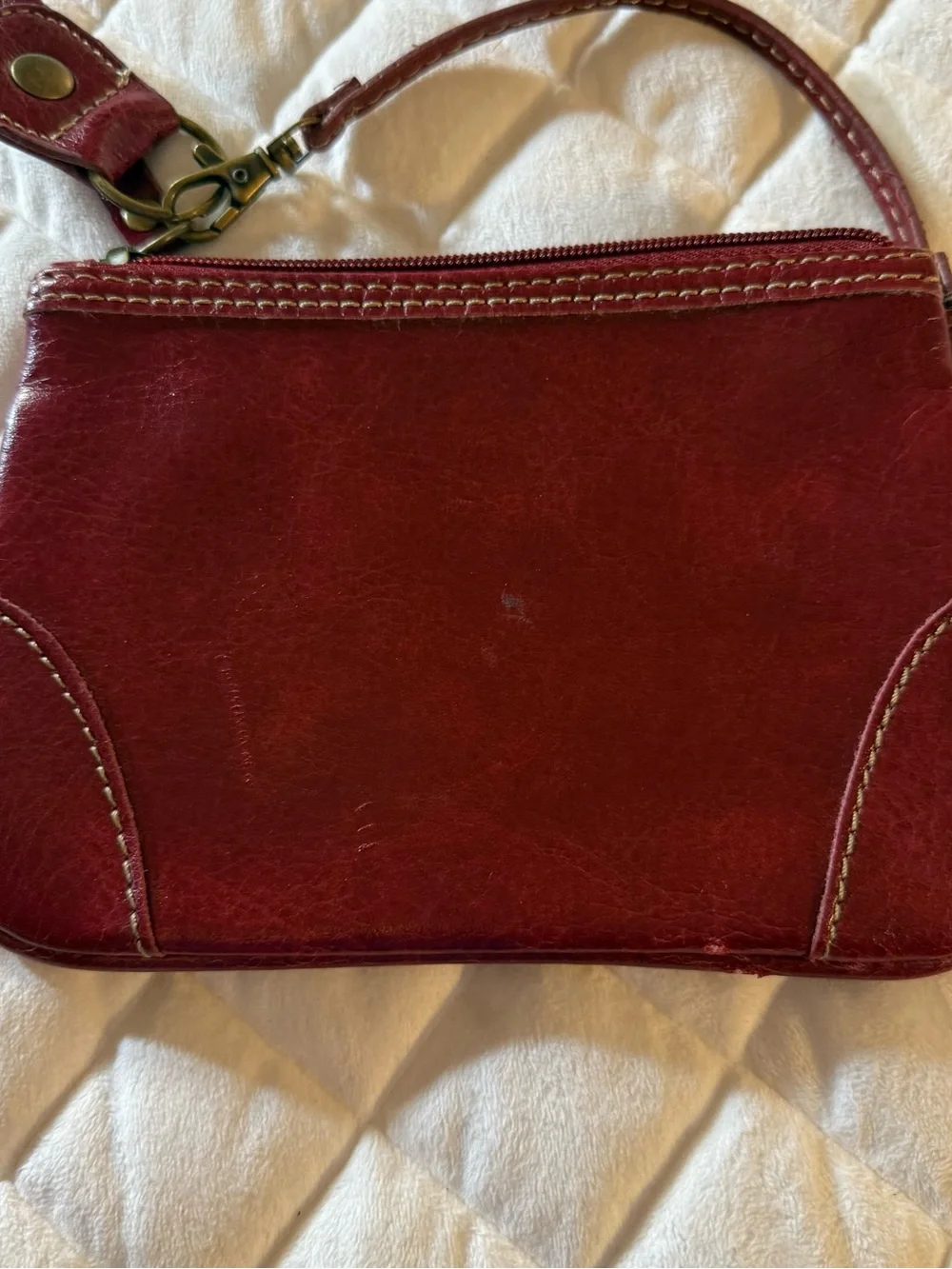 VTG Franklin Covey Red Leather Zip Top Wristlet Pouch Striped Lining